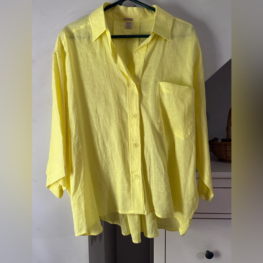 Magaschoni Yellow Linen  Button-Down Shirt NEW